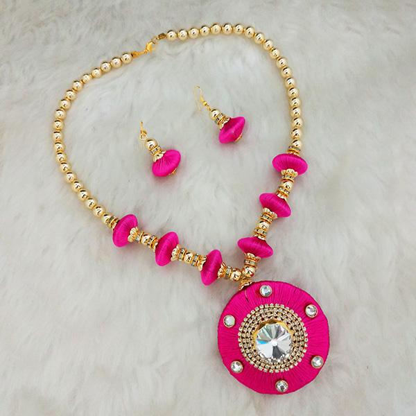 Jeweljunk Pink Austrian Stone Gold Plated Thread Necklace Set - 1110625D