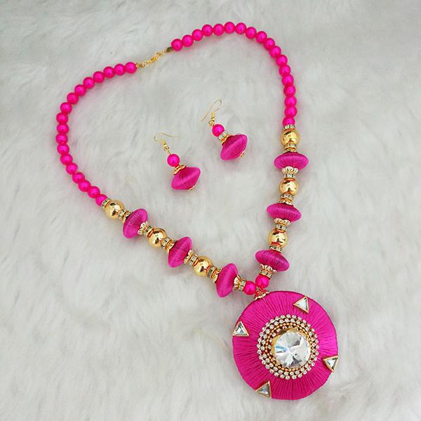 Jeweljunk Pink Austrian Stone Gold Plated Thread Necklace Set - 1110626D