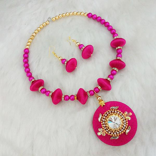 Jeweljunk Pink Austrian Stone Gold Plated Thread Necklace Set - 1110627D