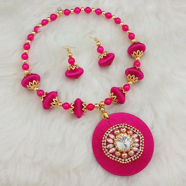 Jeweljunk Pink Austrian Stone Gold Plated Thread Necklace Set - 1110628D