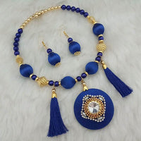 Jeweljunk Gold Plated Austrian Stone Blue Thread Necklace Set - 1110629B