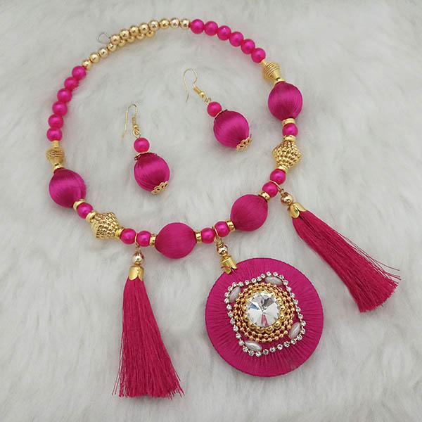 Jeweljunk Gold Plated Austrian Stone Pink Thread Necklace Set - 1110629D