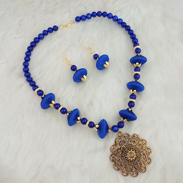 Jeweljunk Blue Beads Thread Gold Plated Necklace Set - 1110630B