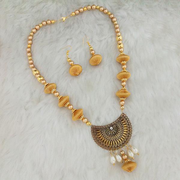 Jeweljunk Gold Plated Beige Thread Necklace Set - 1110633A