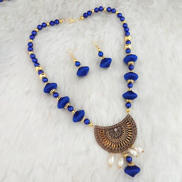 Jeweljunk Blue Beads Thread Gold Plated Necklace Set - 1110633B