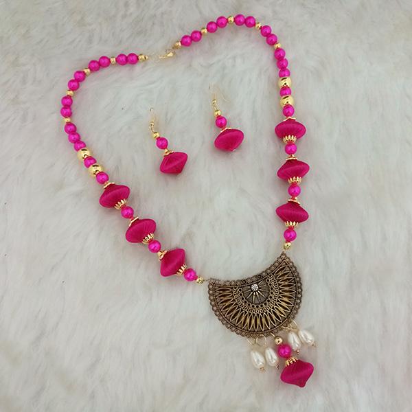 Jeweljunk Pink Beads Gold Plated Thread Necklace Set - 1110633D