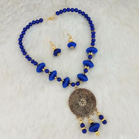Jeweljunk Gold Plated Blue Beads Thread Necklace Set - 1110635B