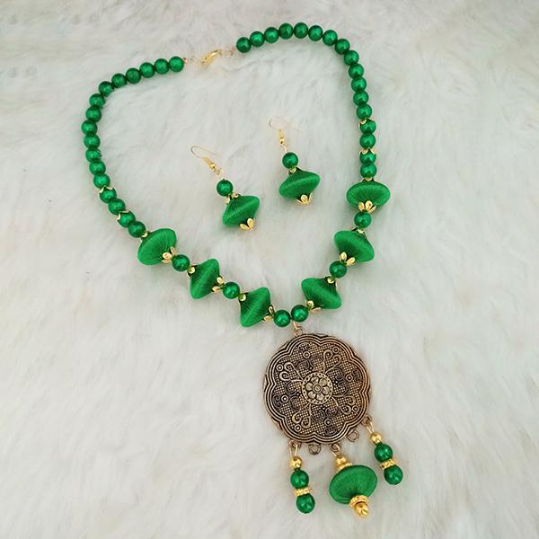 Jeweljunk Green Beads Gold Plated Thread Necklace Set - 1110635D