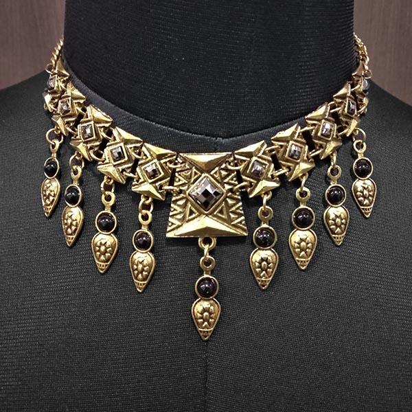 Urthn Black Pota Stone Antique Gold Statement Necklace - 1110756A