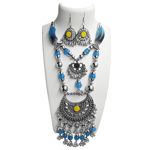 Jeweljunk Navratri Special Blue Beads Rhodium Plated Necklace Set - 1110912