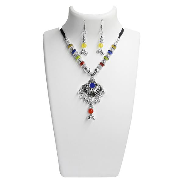 Jeweljunk Rhodium Plated Multicolour Beads Navratri Special Necklace Set - 1110928