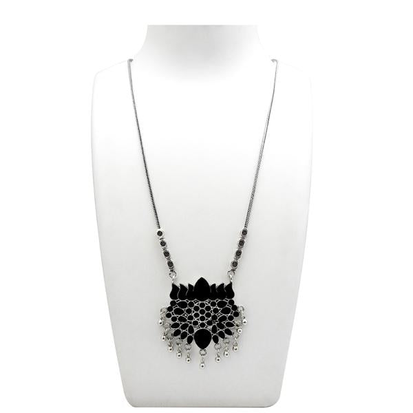 Jeweljunk Rhodium Plated Black Meenakari Lotus Design Necklace - 1110982