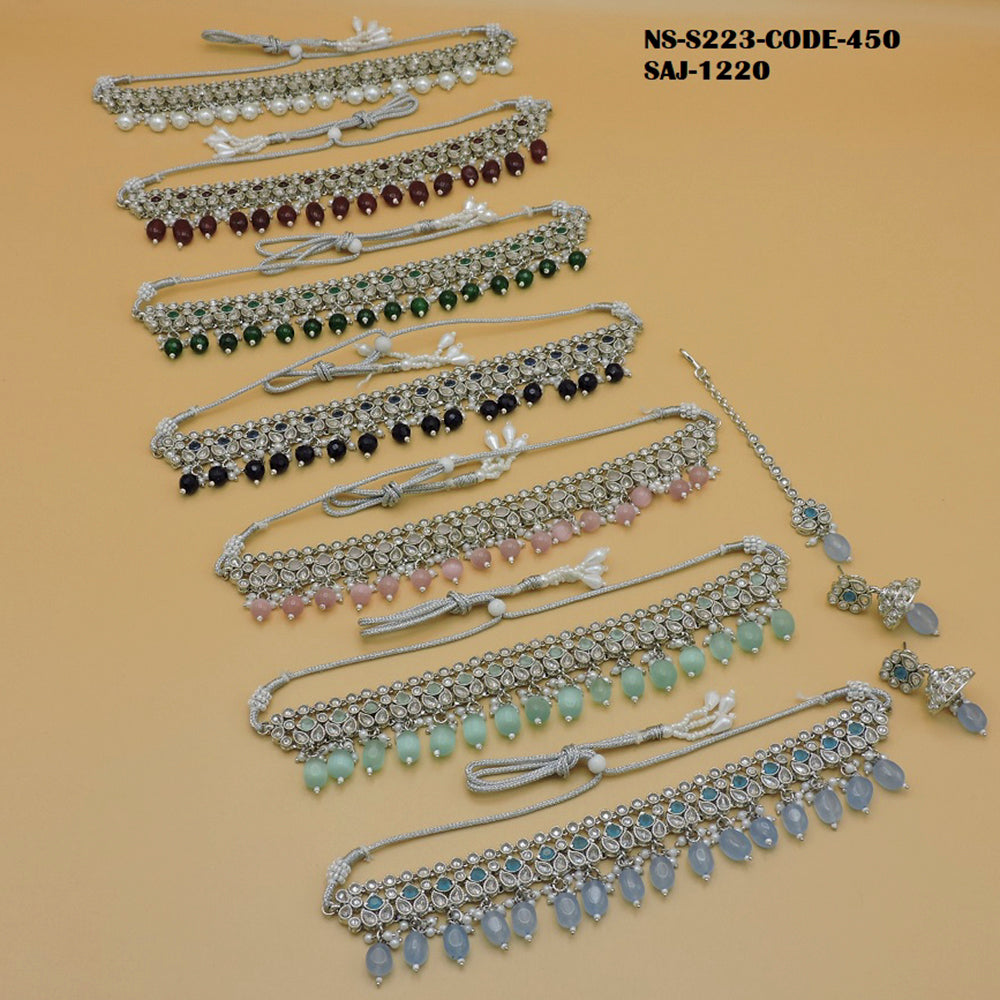 Soni Art Jewellery Silver Plated Pota Stone & Beads Choker Necklace Set