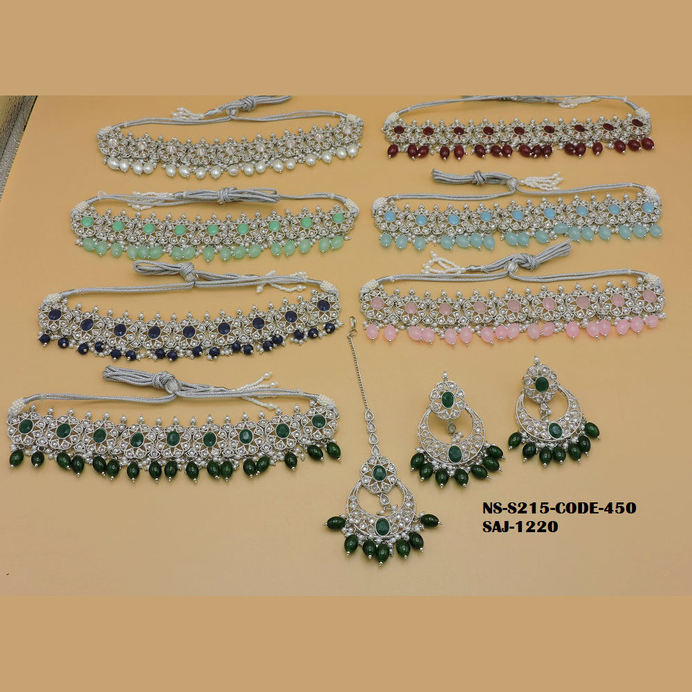 Soni Art Jewellery Silver Plated Pota Stone & Beads Choker Necklace Set