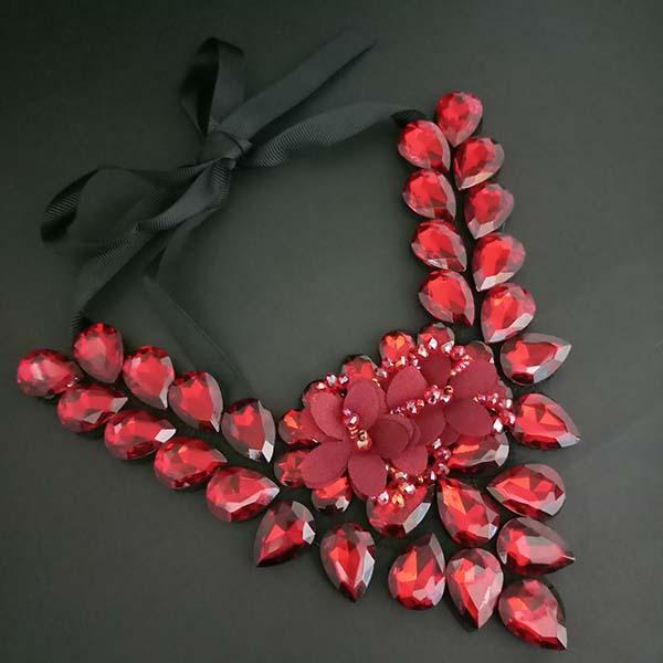 Yoona Red Crystal Stone Black Ribbon Necklace - 1111224B