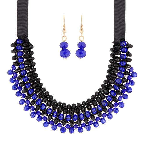 Urthn Blue Crystal Beads Statement Necklace Set - 1111230F