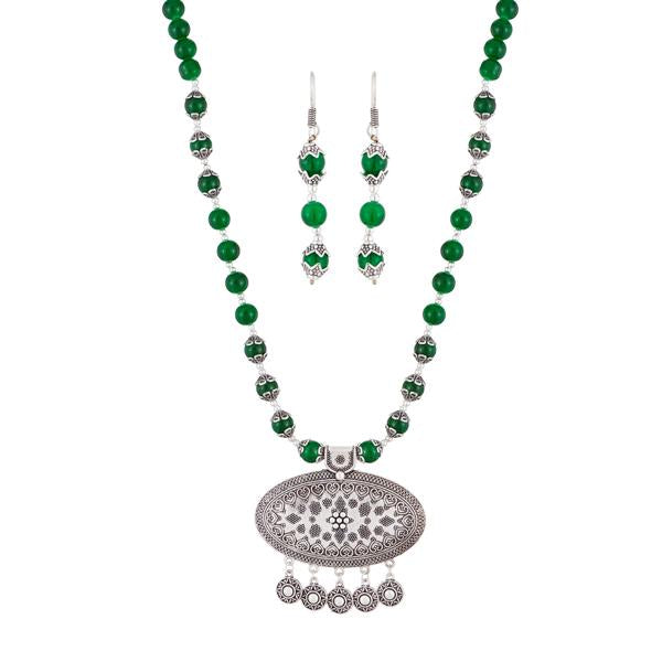 Urthn Green Beads Rhodium Plated Necklace Set - 1111302