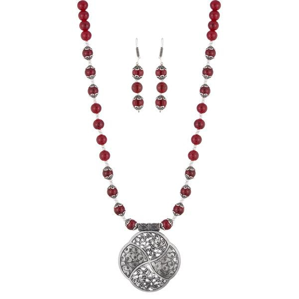 Urthn Rhodium Plated Maroon Beads Necklace Set - 1111303