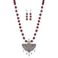 Urthn Rhodium Plated Maroon Beads Necklace Set - 1111305