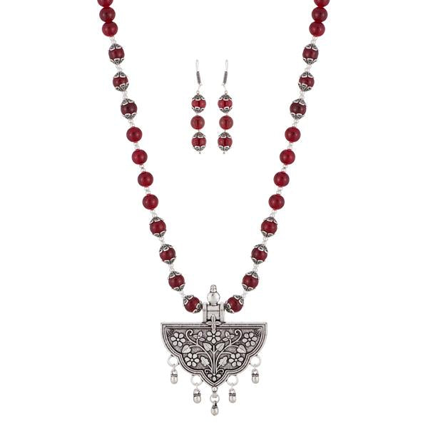 Urthn Rhodium Plated Maroon Beads Necklace Set - 1111305