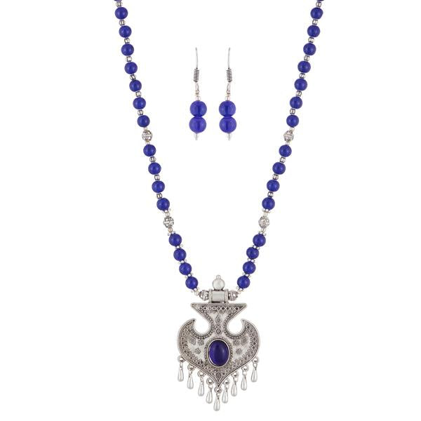 Urthn Rhodium Plated Blue Beads Necklace Set - 1111307