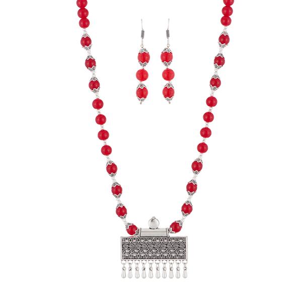 Urthn Maroon Beads Rhodium Plated Necklace Set - 1111308A