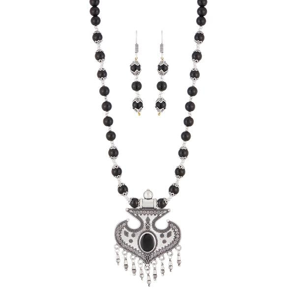 Urthn Rhodium Plated Black Beads Necklace Set - 1111309B
