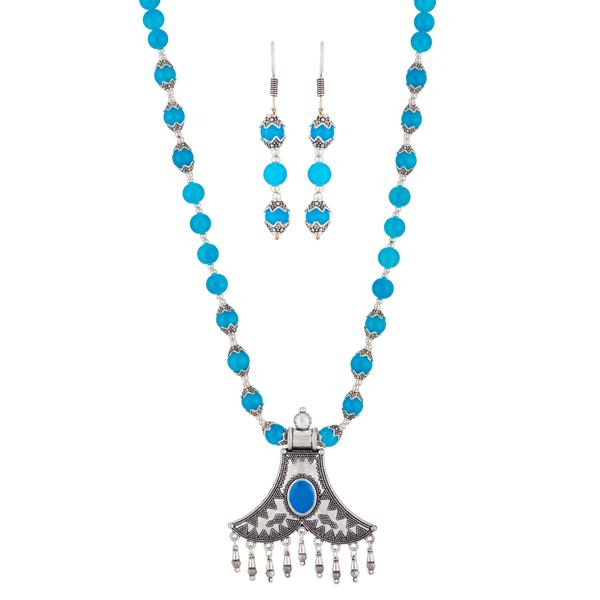 Urthn Blue Beads Rhodium Plated Necklace Set - 1111310A