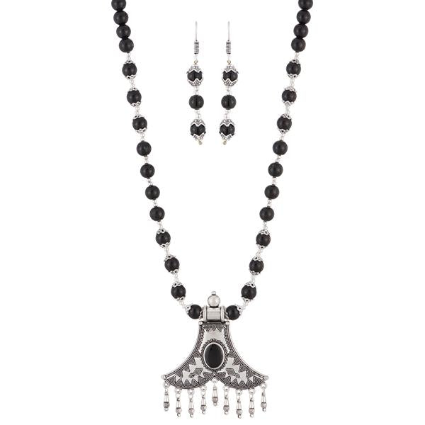 Urthn Rhodium Plated Black Beads Necklace Set - 1111310B