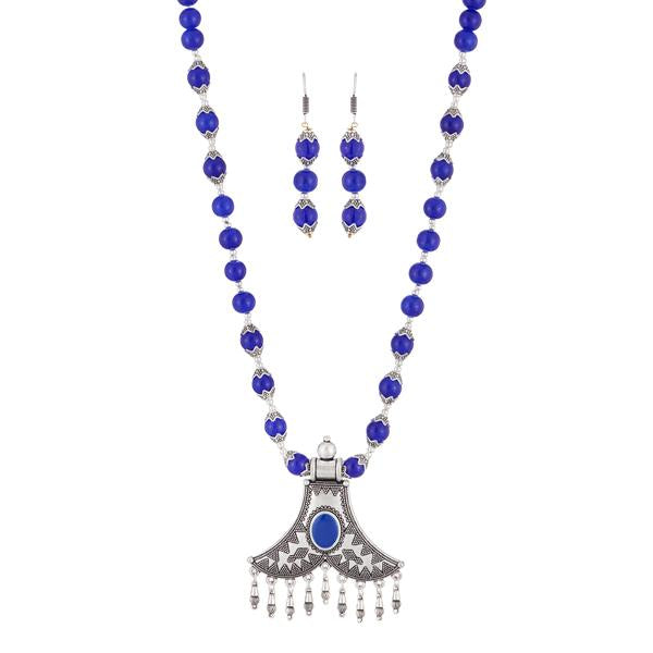Urthn Blue Beads Rhodium Plated Necklace Set - 1111310C