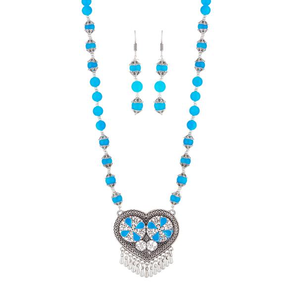 Urthn Blue Beads Rhodium Plated Necklace Set - 1111311B