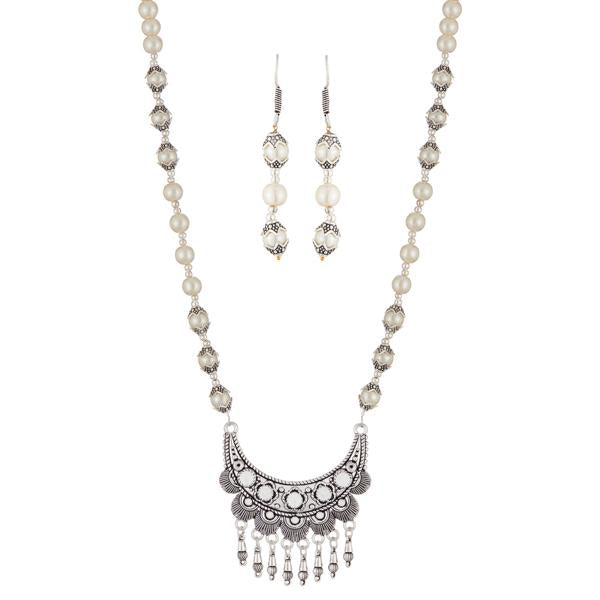 Urthn Rhodium Plated White Beads Necklace Set - 1111312C