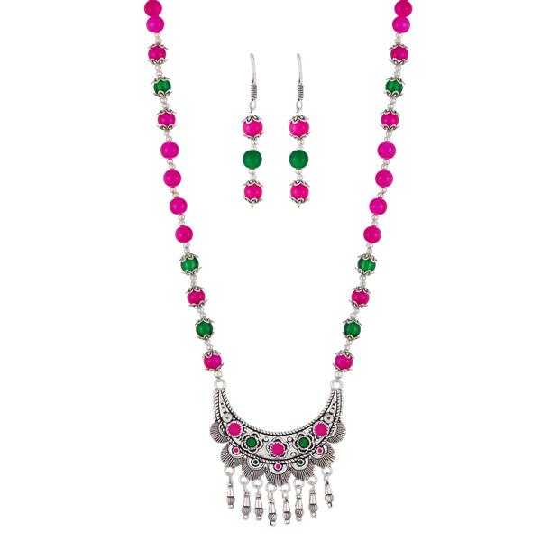 Urthn Pink Beads Rhodium Plated Necklace Set - 1111312H