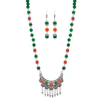 Urthn Rhodium Plated Green Beads Necklace Set - 1111312I