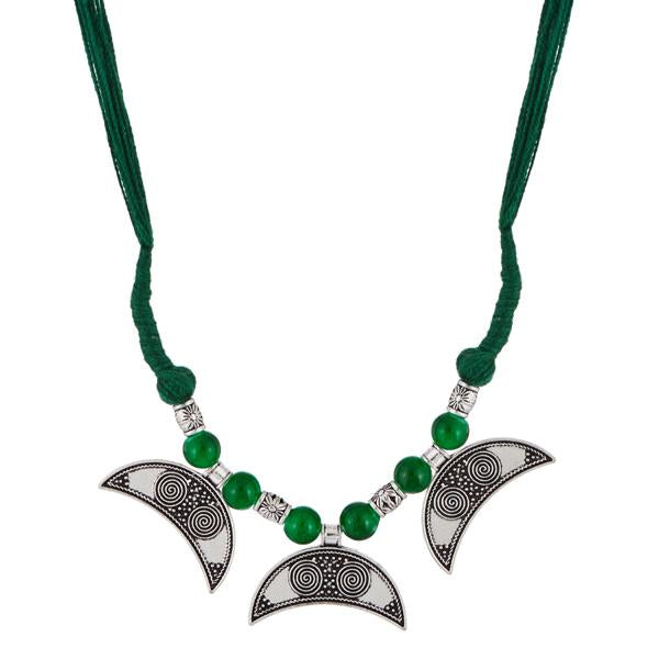 Urthn Green Thread Rhodium Plated Beads Necklace Set - 1111314B