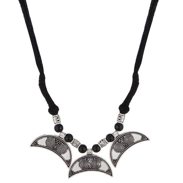 Urthn Rhodium Plated Black Beads Thread Necklace Set - 1111314H