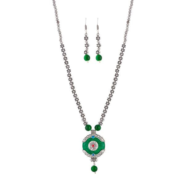 Urthn Green Gems Stone Rhodium Plated Necklace Set - 1111315A