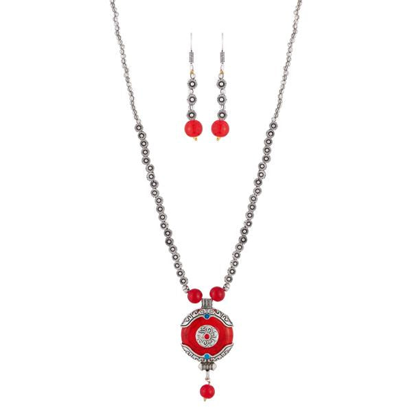 Urthn Maroon Gems Stone Rhodium Plated Necklace Set - 1111315C