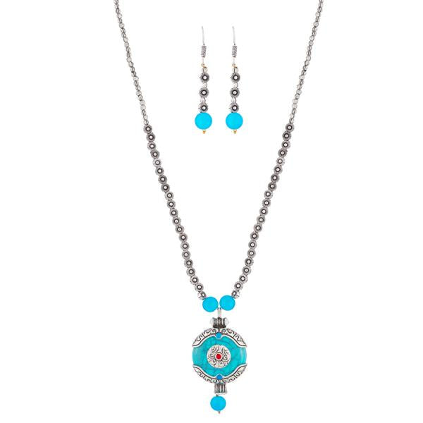 Urthn Blue Gems Stone Rhodium Plated Necklace Set - 1111315F