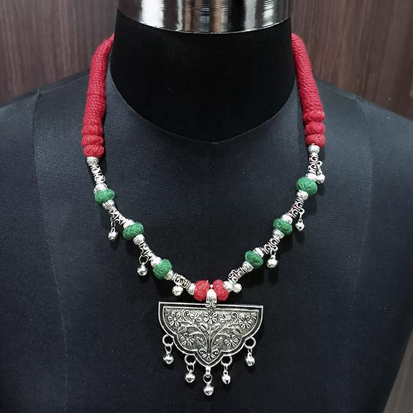 Jeweljunk Rhodium Plated Red And Green Dori Tribal Necklace Set - 1111519