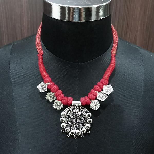 Jeweljunk Rhodium Plated Red Dori Tribal Necklace Set - 1111531