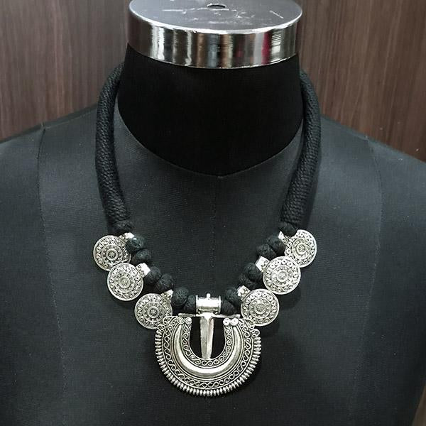 Jeweljunk Rhodium Plated Black Dori Tribal Necklace Set - 1111538