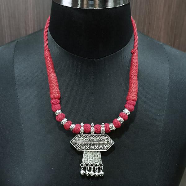 Jeweljunk Rhodium Plated Red Dori Tribal Necklace Set - 1111542