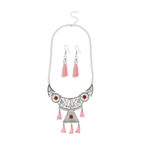 Jeweljunk Pink Thread Rhodium Plated Necklace Set - 1111701D