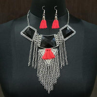 Jeweljunk Resin Stone Rhodium Plated Thread Necklace Set - 1111702A