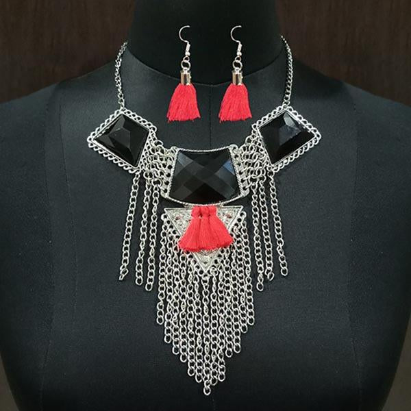 Jeweljunk Resin Stone Rhodium Plated Thread Necklace Set - 1111702A