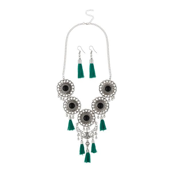 Jeweljunk Rhodium Plated Green Thread Necklace Set - 1111704B