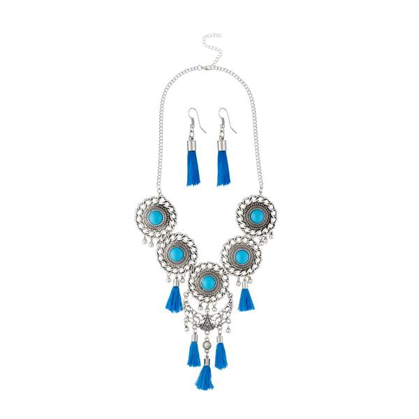 Jeweljunk Blue Thread Rhodium Plated Necklace Set - 1111704C
