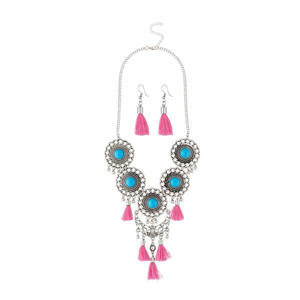 Jeweljunk Pink Thread Rhodium Plated Necklace Set - 1111704E