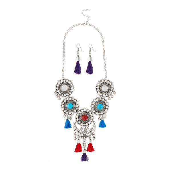 Jeweljunk Rhodium Plated Multicolour Thread Necklace Set - 1111704F